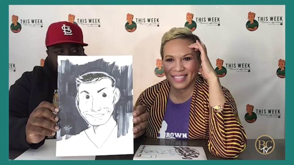 tammie holland poses next to artist sketch