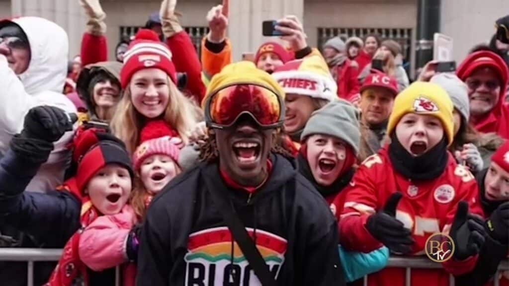 group of people celebrating the kansa city chiefs winning the superbowl