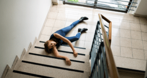woman laying on ground after falling down the stairs