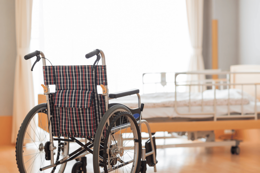 Empty wheelchair in nursing home