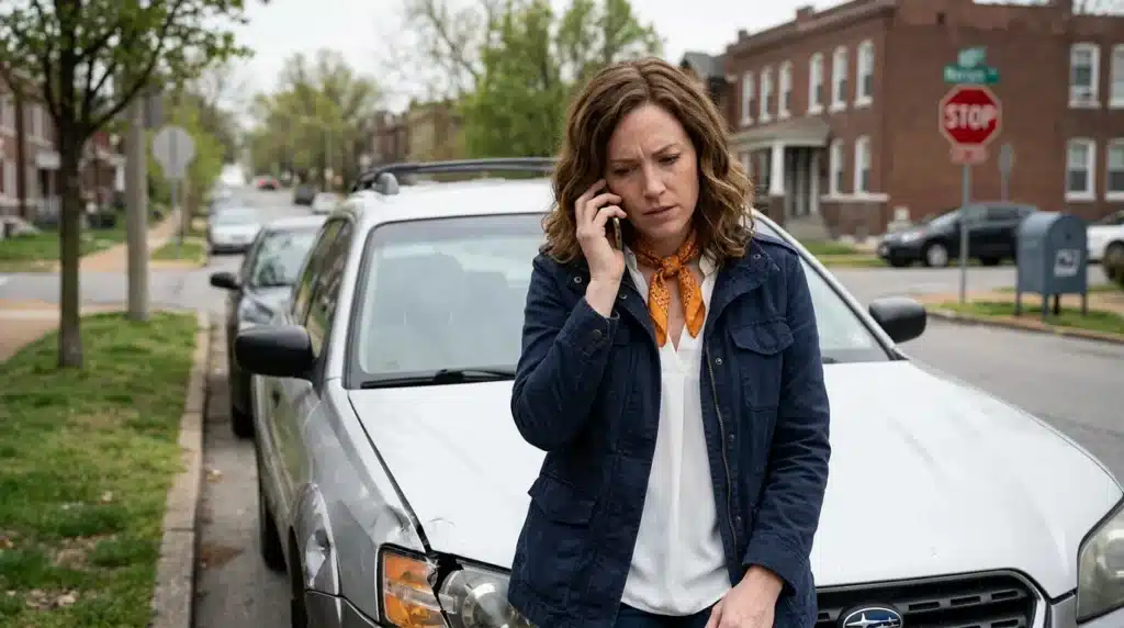 mother-checking-phone-after-car-crash-suburban-street